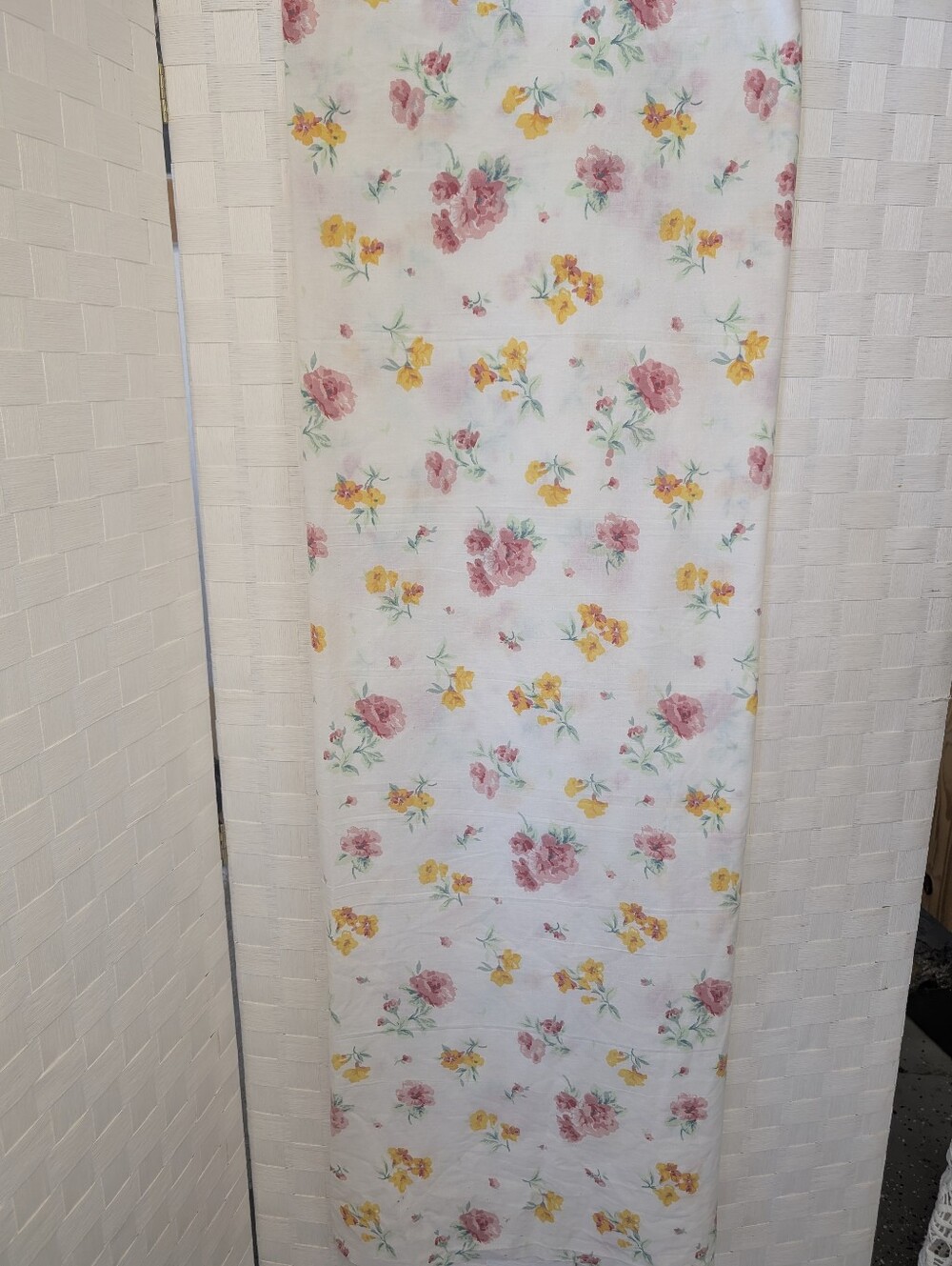 Vintage Sheet Yellow Pink Roses Floral Cotton Fabric Panel Cotton 1970